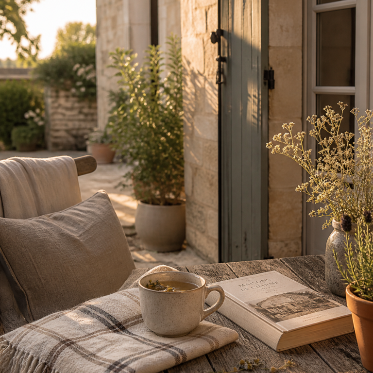 Bien être et détente à L'Écrin Coin détente avec tasse d'infusion Rituels de l'Écrin, plaid et lumière douce pour évoquer les futurs moments de bien-être de l'Écrin