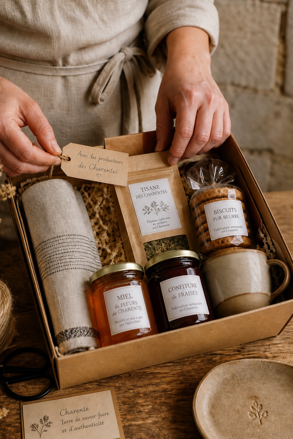 Partenaires locaux et produits artisanaux Coffret de produits locaux avec infusion, biscuits et attentions artisanales pour les partenaires de l'Écrin des Deux Charentes.