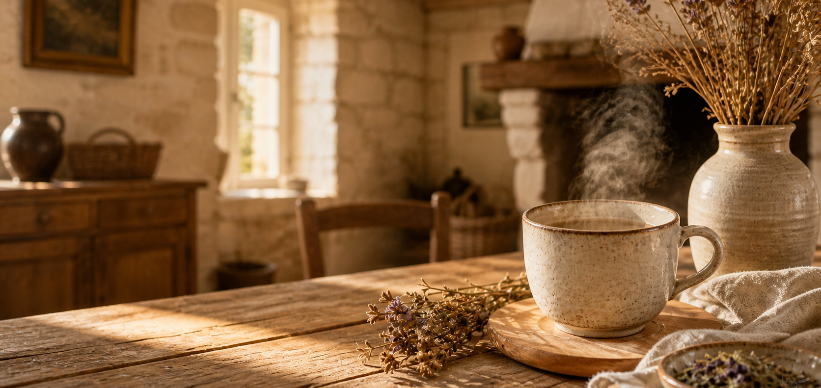 Parenthèse chaleureuse Tasse infusion posée table charentaise avec mur de pierre